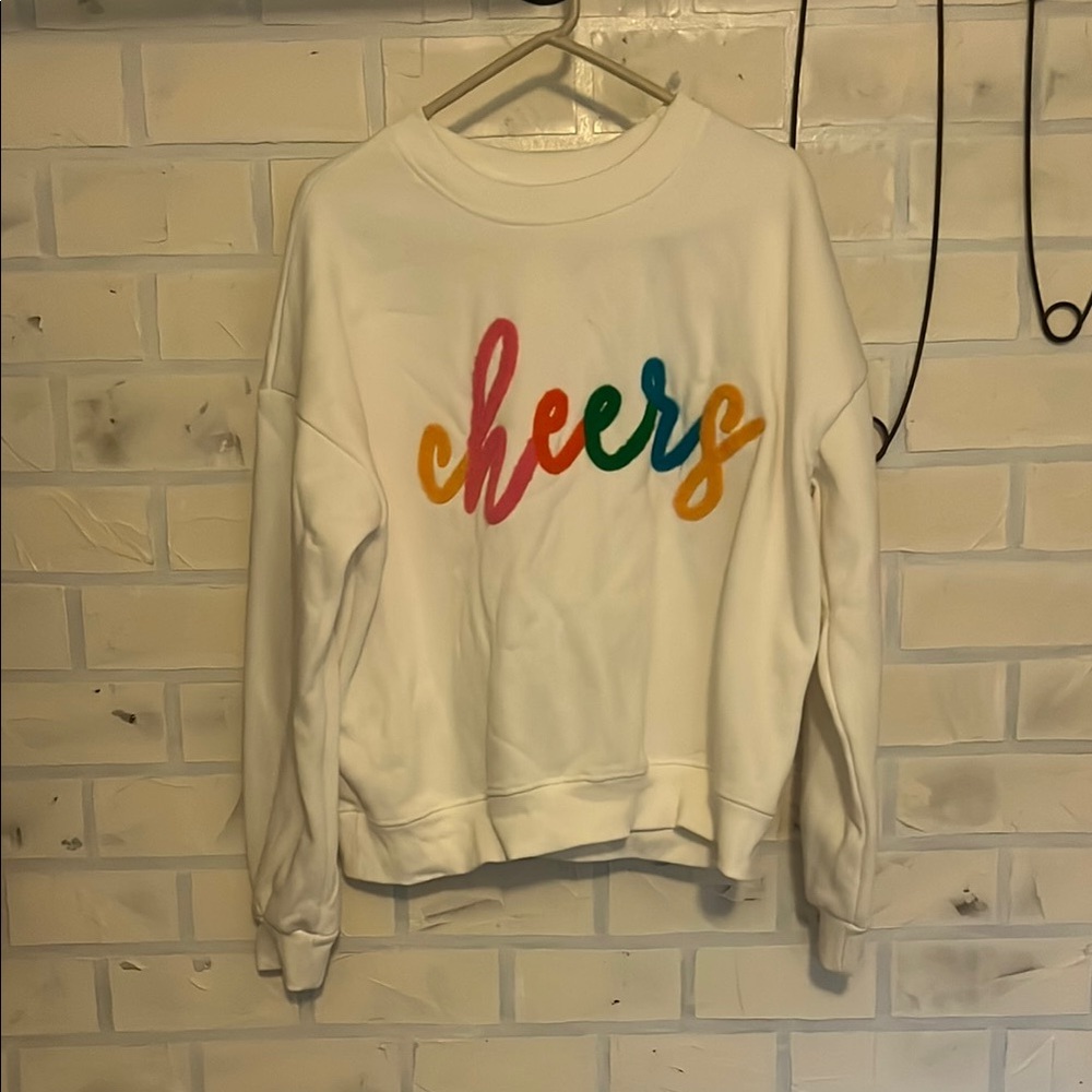 White Sweatshirt with Multicolor 'Cheers' Embroidery